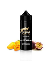 A 100ml bottle of Arabian Oryx E Liquid with Mango and Passion Fruit flavors, displaying the product label and accompanied by images of a ripe mango and a passion fruit.